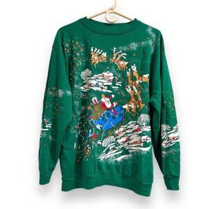 Vintage 90s Christmas Green Santa Claus Winter Sweatshirt Puff Glitter Sz Large